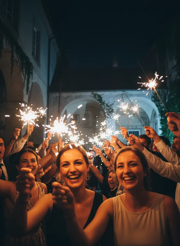 Goście z zimnymi ogniami na dziedzińcu