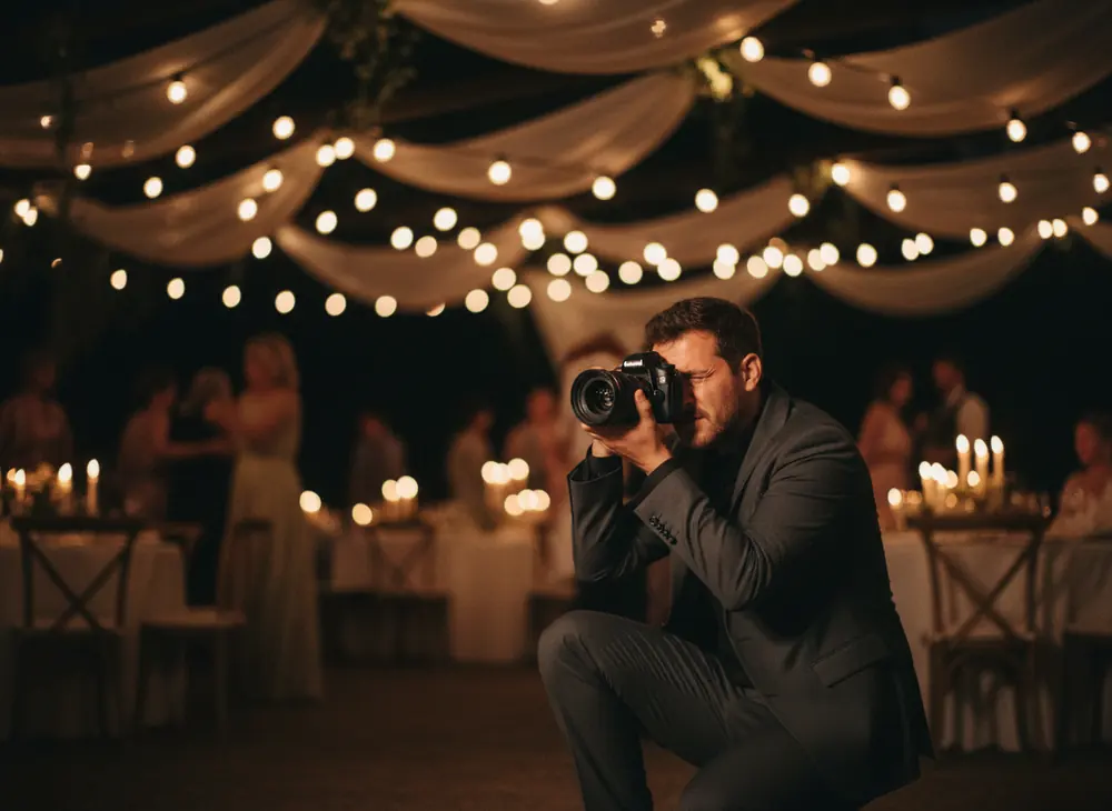 Fotograf ślubny pracujący na przyjęciu weselnym